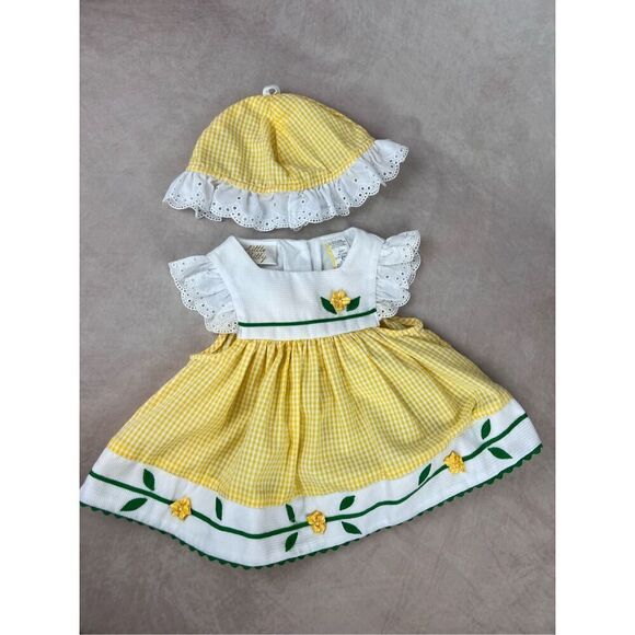 90s Y2K Vintage Little Bitty Seersucker Set Yellow Gingham Floral 6-9M - Picture 1 of 6